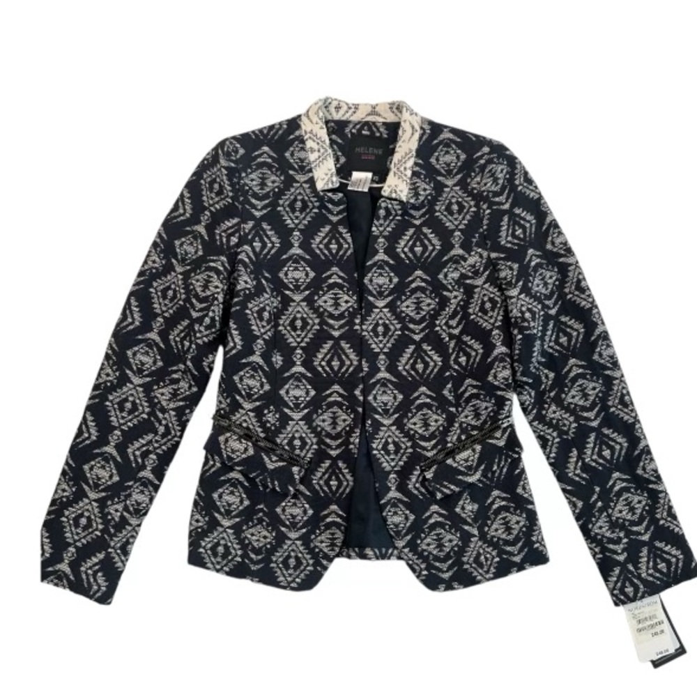Helene London Women's Ikat Open Front Navy Blue Blazer Size XS